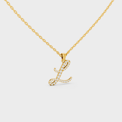 Close Up of Initial Letter L Sustainable Diamond Pendant and 18K Yellow Gold Chain