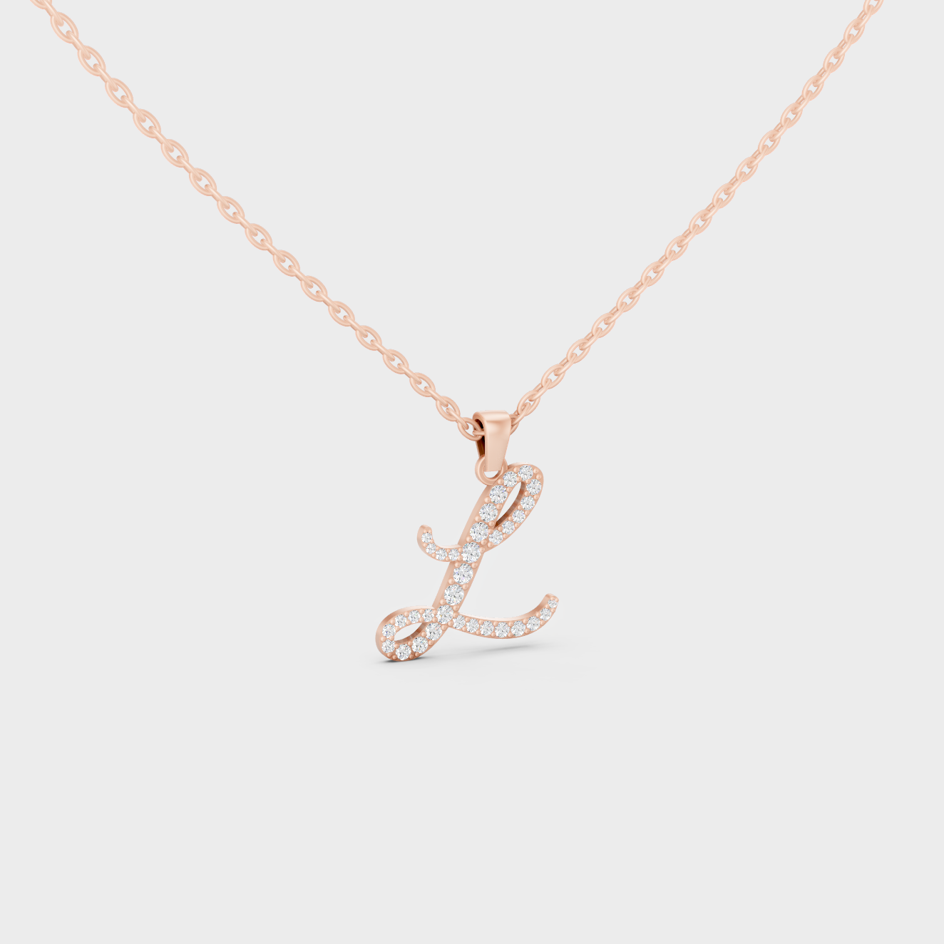 Blush Pink 14K Rose Gold Letter L Initial Necklace Set with Brilliant Round Lab Diamonds