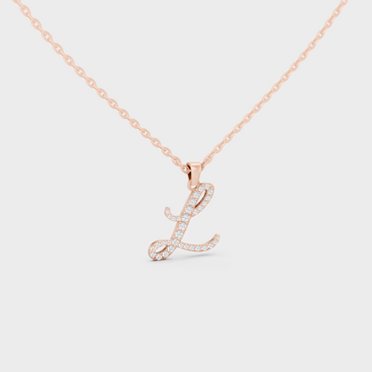 Blush Pink 14K Rose Gold Letter L Initial Necklace Set with Brilliant Round Lab Diamonds