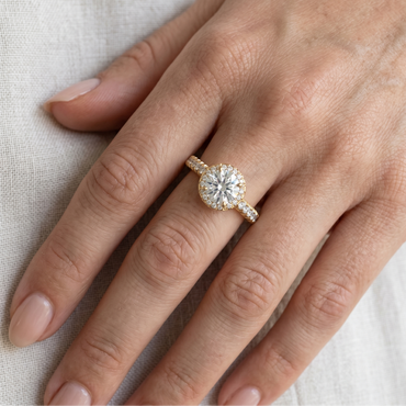 Yellow Gold Jewelry Showcasing Round Lab Diamond Halo Design