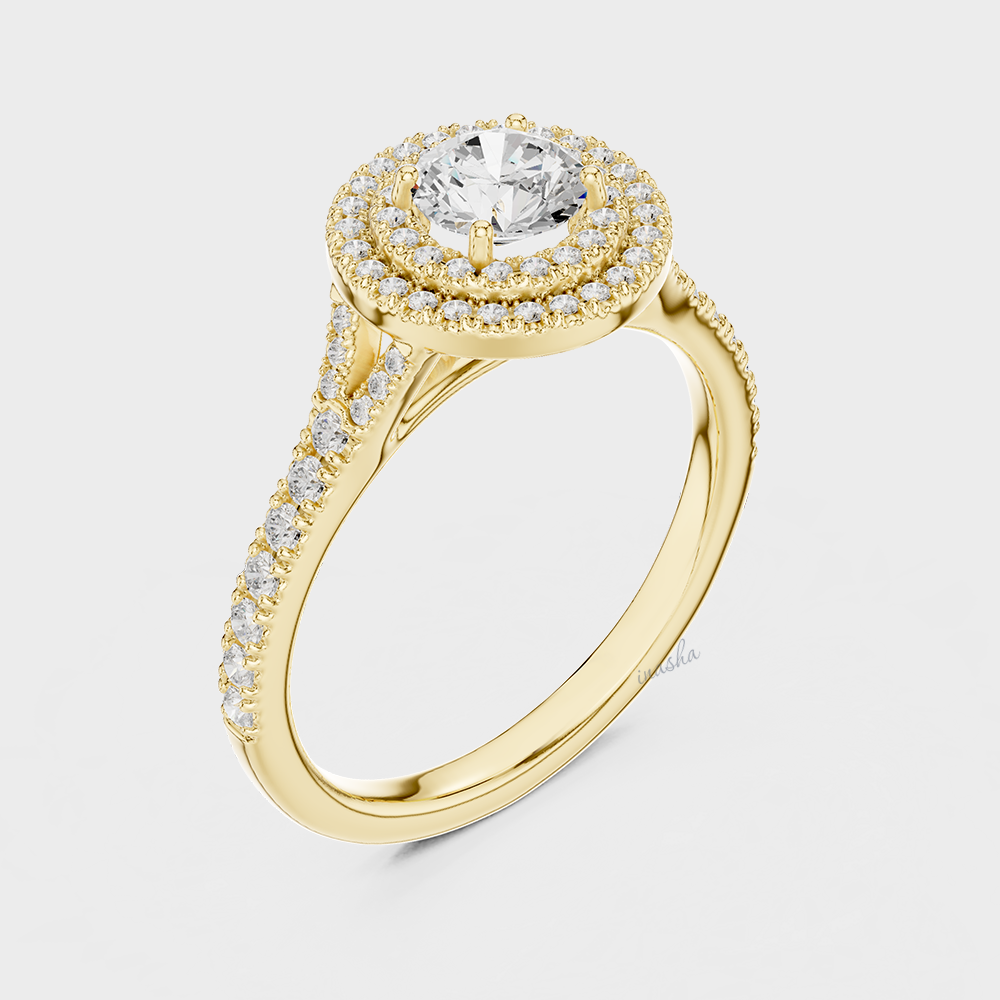 Round Cut Lab Grown Diamond Double Halo Ring Yellow Gold