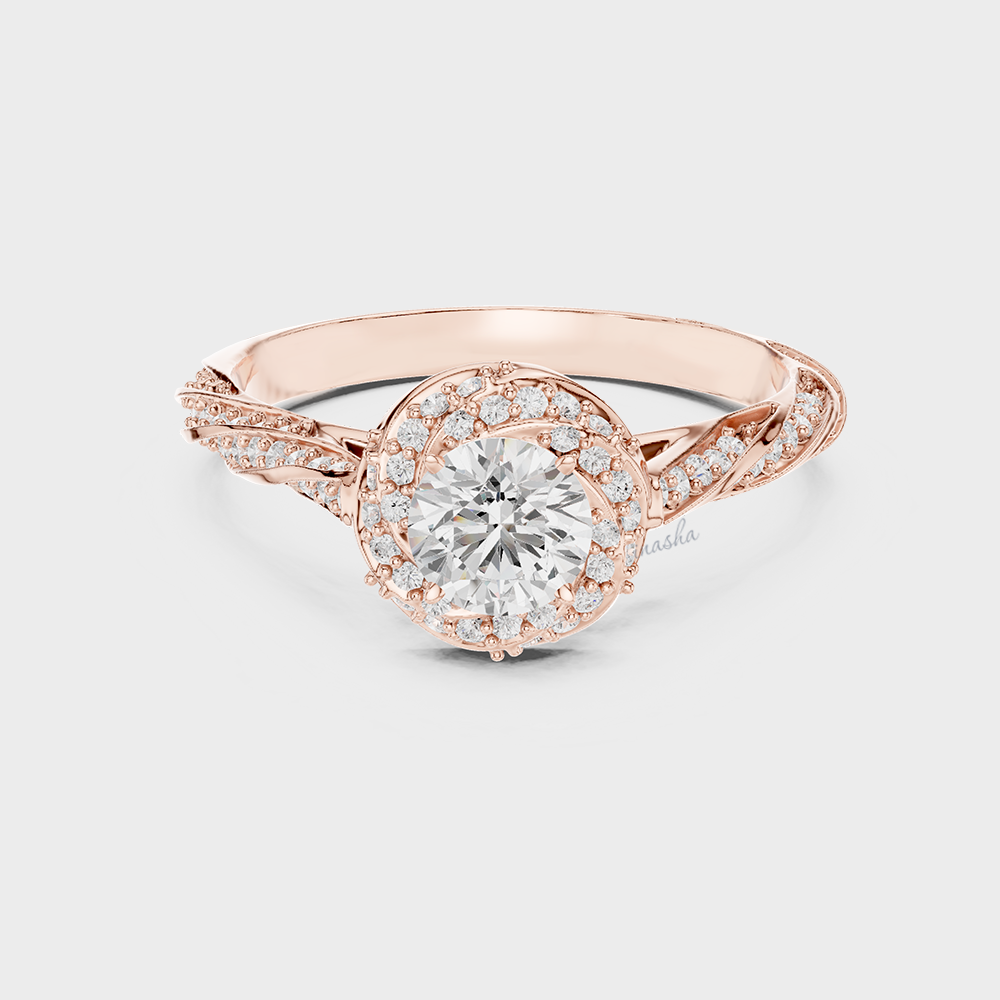 Rose Gold Twist Band Halo Engagement Ring with Round Cut Lab Grown Diamond