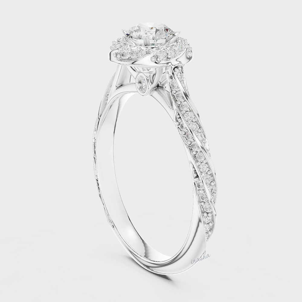 White Gold Custom Engagement Ring Twist Band Halo with Lab Grown Diamond