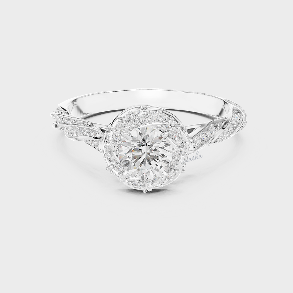 White Gold Halo Engagement Ring with Round Cut Lab Grown Diamond Twist Band
