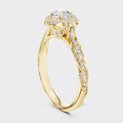 Yellow Gold Twist Band Halo Engagement Ring Round Cut Lab Diamond