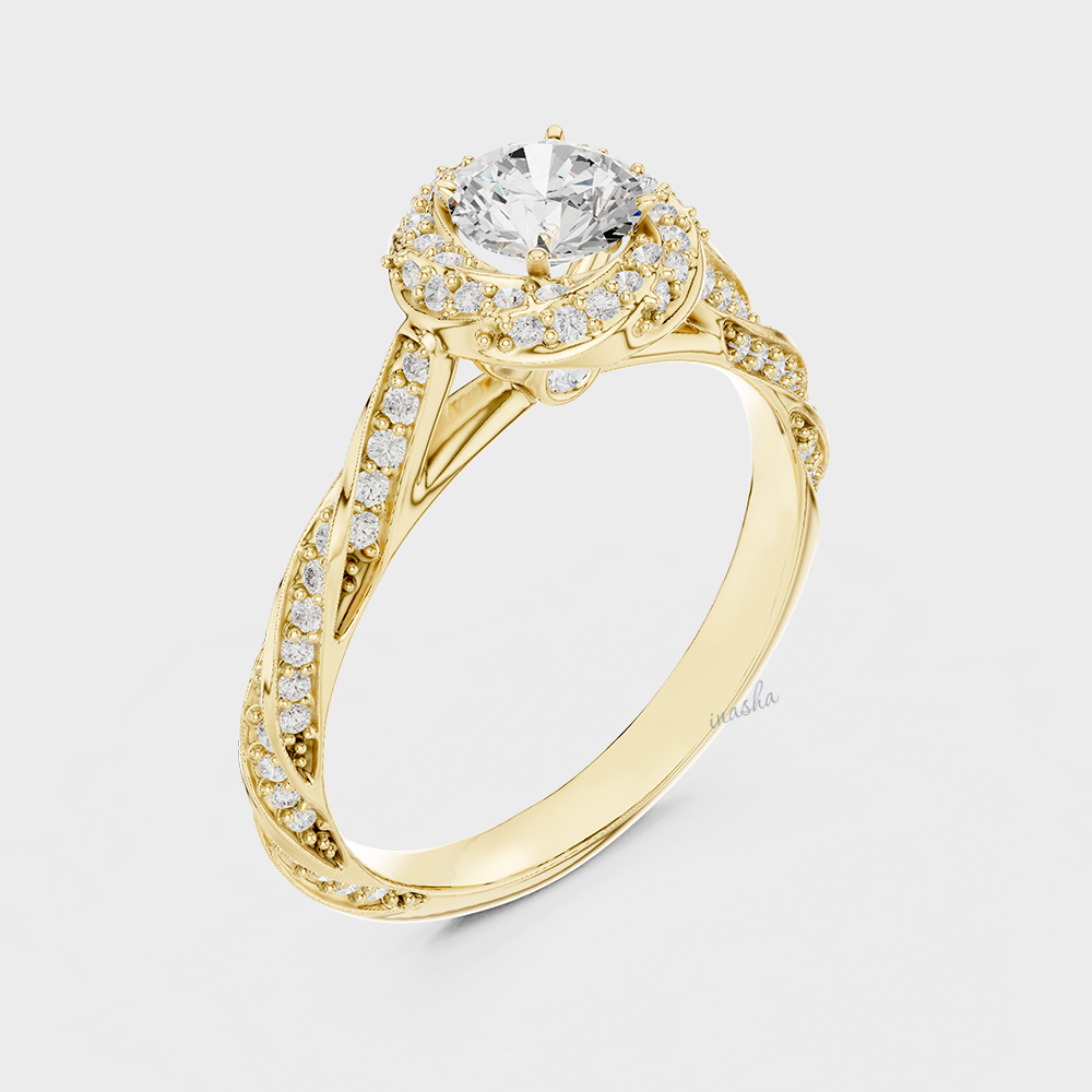 Yellow Gold Twist Band Halo Engagement Ring with Round Cut Lab Diamond