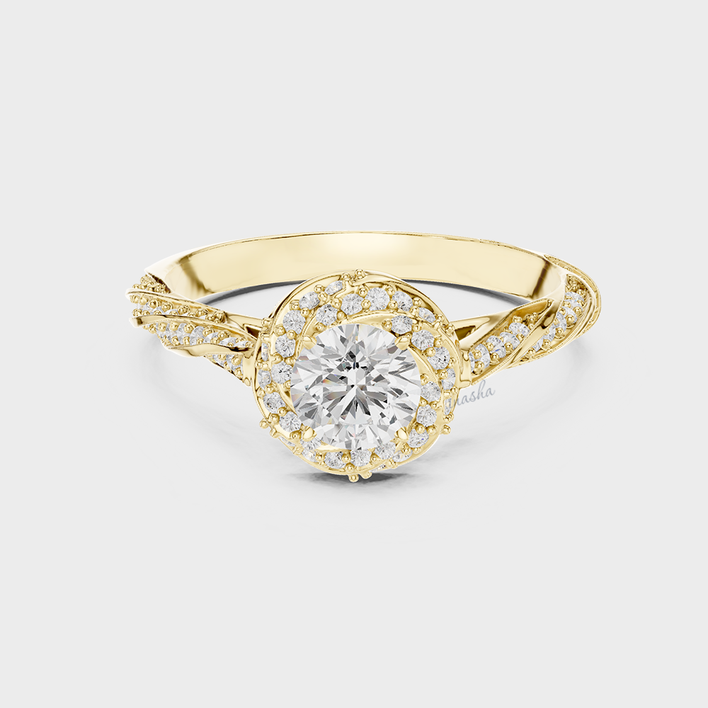 Yellow Gold Round Cut Twist Band Halo Engagement Ring