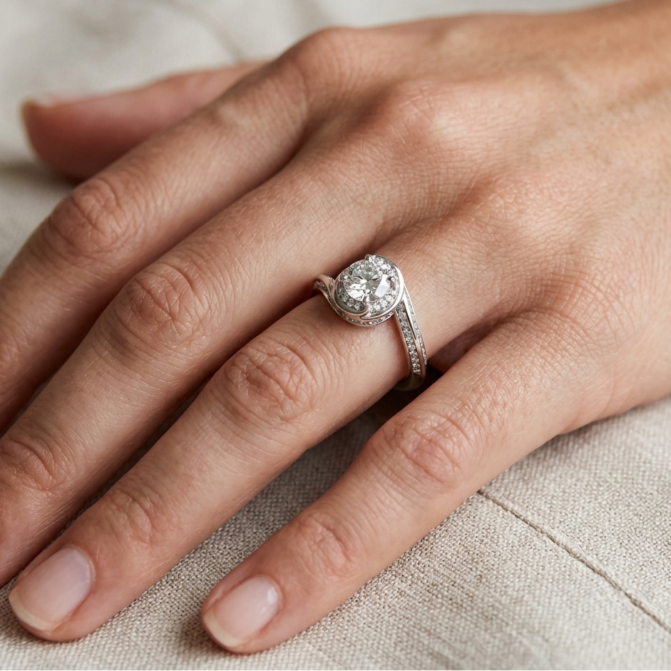  Round-Cut Lab-Grown Diamond Engagement Halo Ring in White Gold