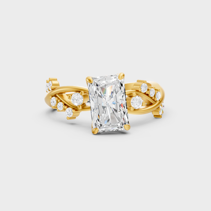 Luxury Radiant Diamond Solitaire Ring In Yellow Gold With Round Accents
