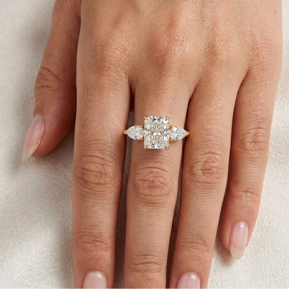 Radiant Pear Diamond Three Stone Ring In 18K Yellow Gold