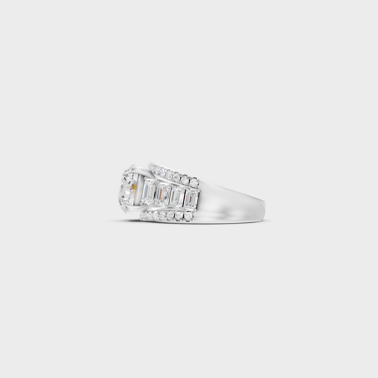 White Gold Round Proposal Ring With Brilliant Emerald Side Stones
