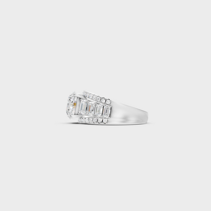 White Gold Round Proposal Ring With Brilliant Emerald Side Stones