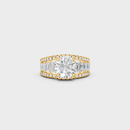 Luxury Round Diamond Solitaire Ring In Yellow Gold With Emerald Accents