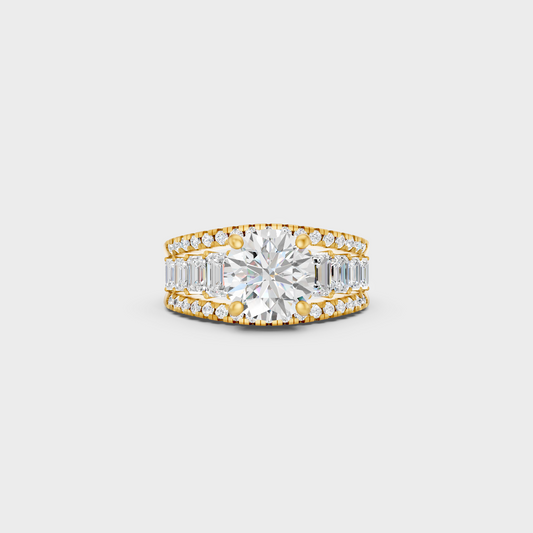 Luxury Round Diamond Solitaire Ring In Yellow Gold With Emerald Accents