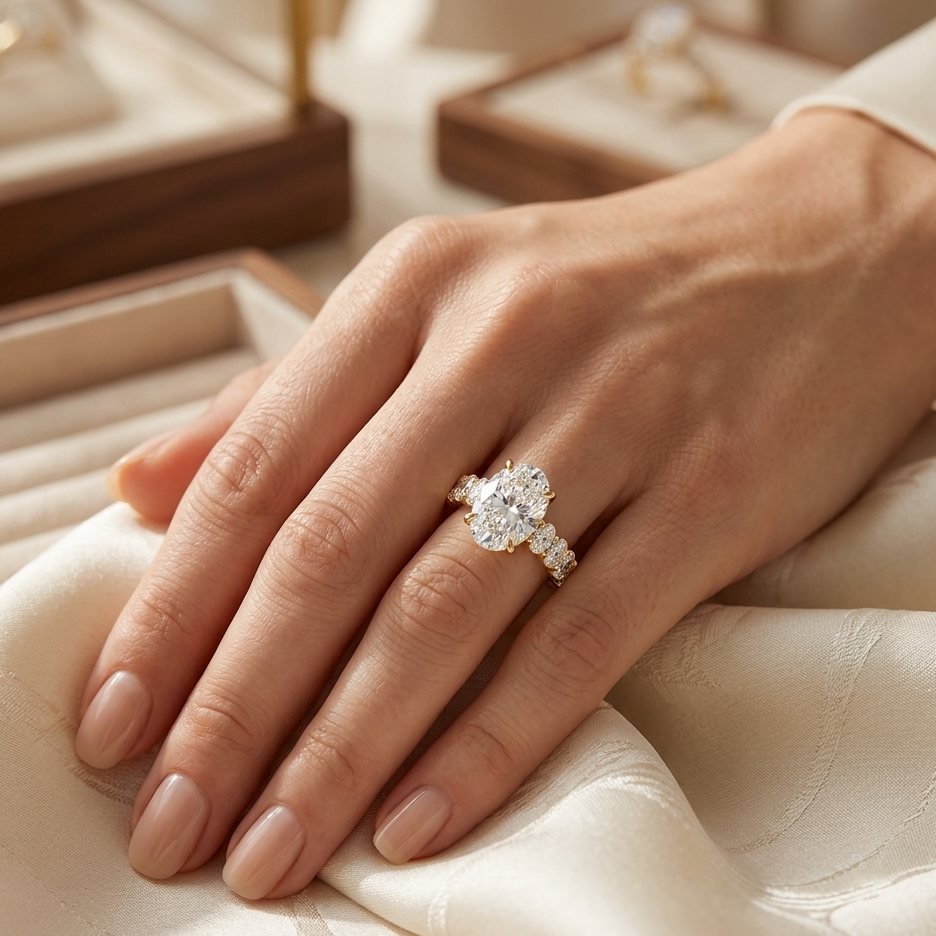 Oval Diamond Solitaire Ring In 14K  Yellow Gold With Accent Stones