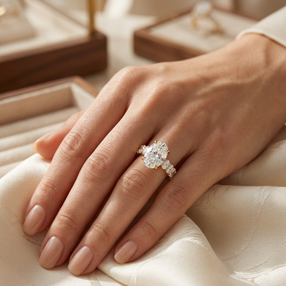 Oval Diamond Solitaire Ring In 14K  Yellow Gold With Accent Stones