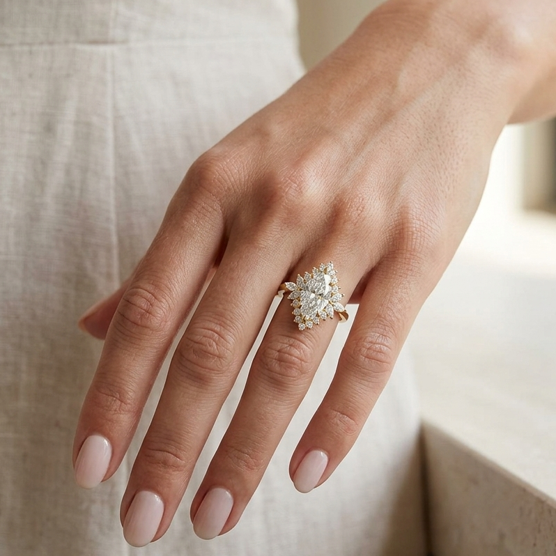 Luxury Marquise Halo Diamond Ring In 9K Yellow Gold