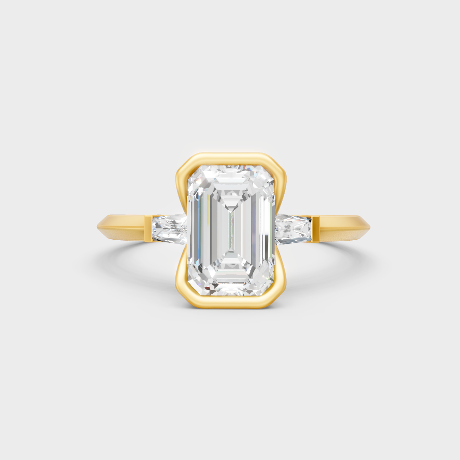 Luxury Emerald Baguette Diamond Three Stone Ring In Yellow Gold