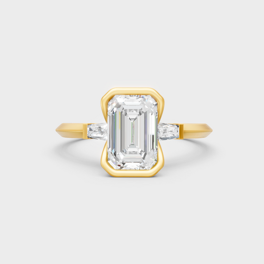 Luxury Emerald Baguette Diamond Three Stone Ring In Yellow Gold
