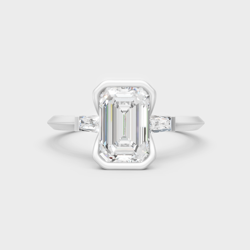 White Gold Emerald Engagement Ring With Certified Baguette Diamonds