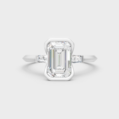 White Gold Emerald Engagement Ring With Certified Baguette Diamonds