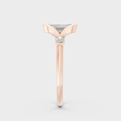 Emerald Cut Lab Diamond Three Stone Ring In Rose Gold Elegant Design