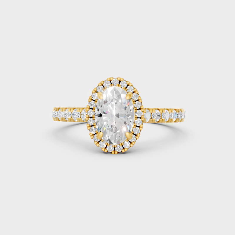 Luxury Oval Halo Diamond Ring In Yellow Gold With Round Accents