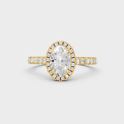 Luxury Oval Halo Diamond Ring In Yellow Gold With Round Accents