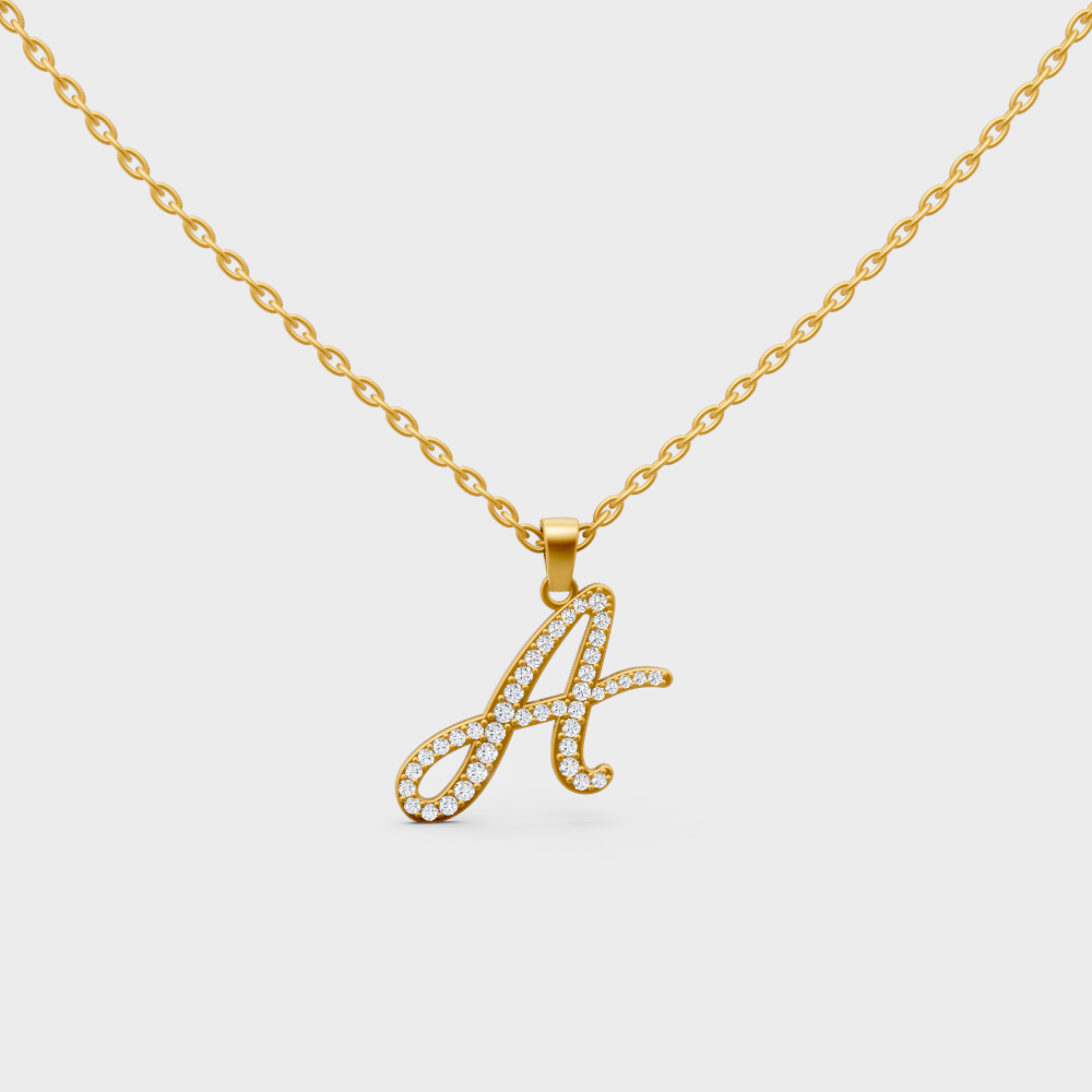 Front View of "A" Alphabet Lab Grown Diamond Pendant in 14K Yellow Gold Link Chain