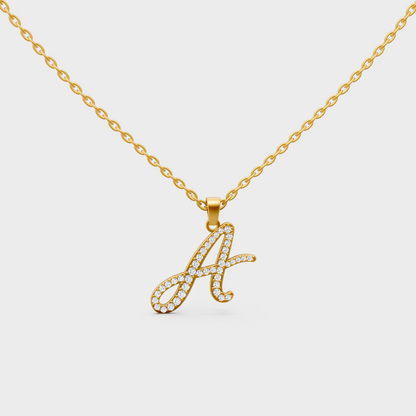 Front View of "A" Alphabet Lab Grown Diamond Pendant in 14K Yellow Gold Link Chain