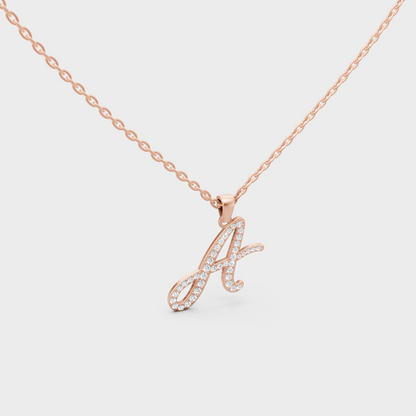 Blush Pink 14K Rose Gold Letter A Initial Necklace Set with Brilliant Round Lab Diamonds