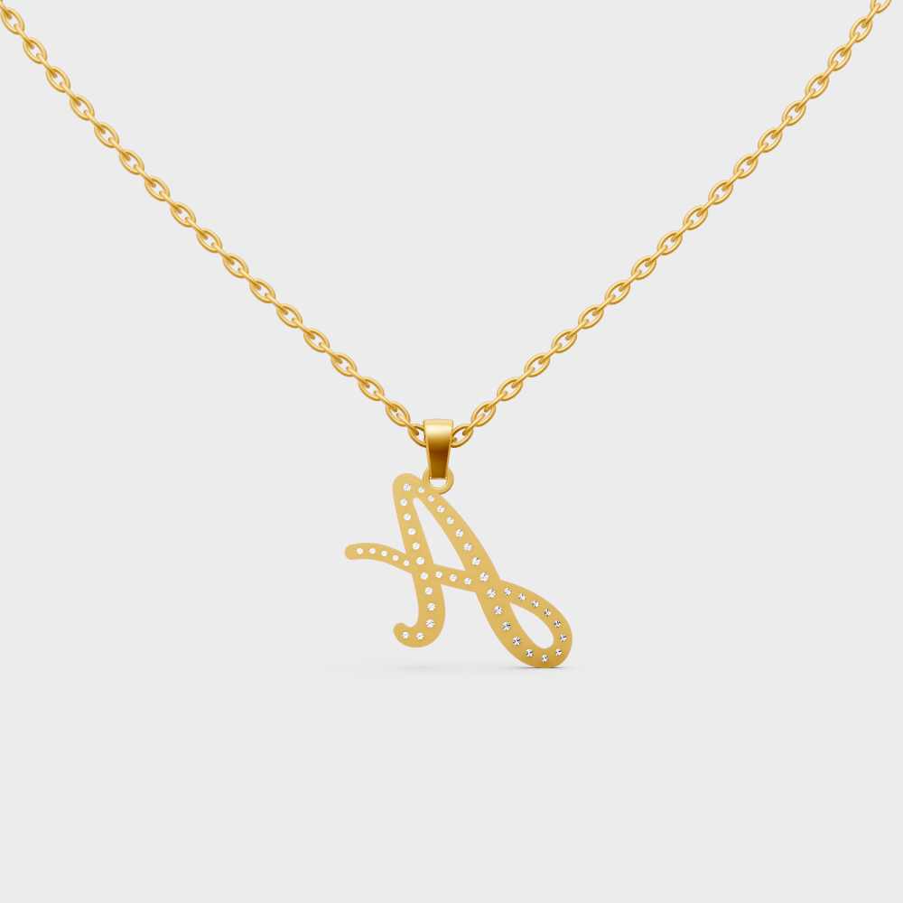 Model Wearing Capital Letter A Lab Created Diamond Necklace in 9K Yellow Gold