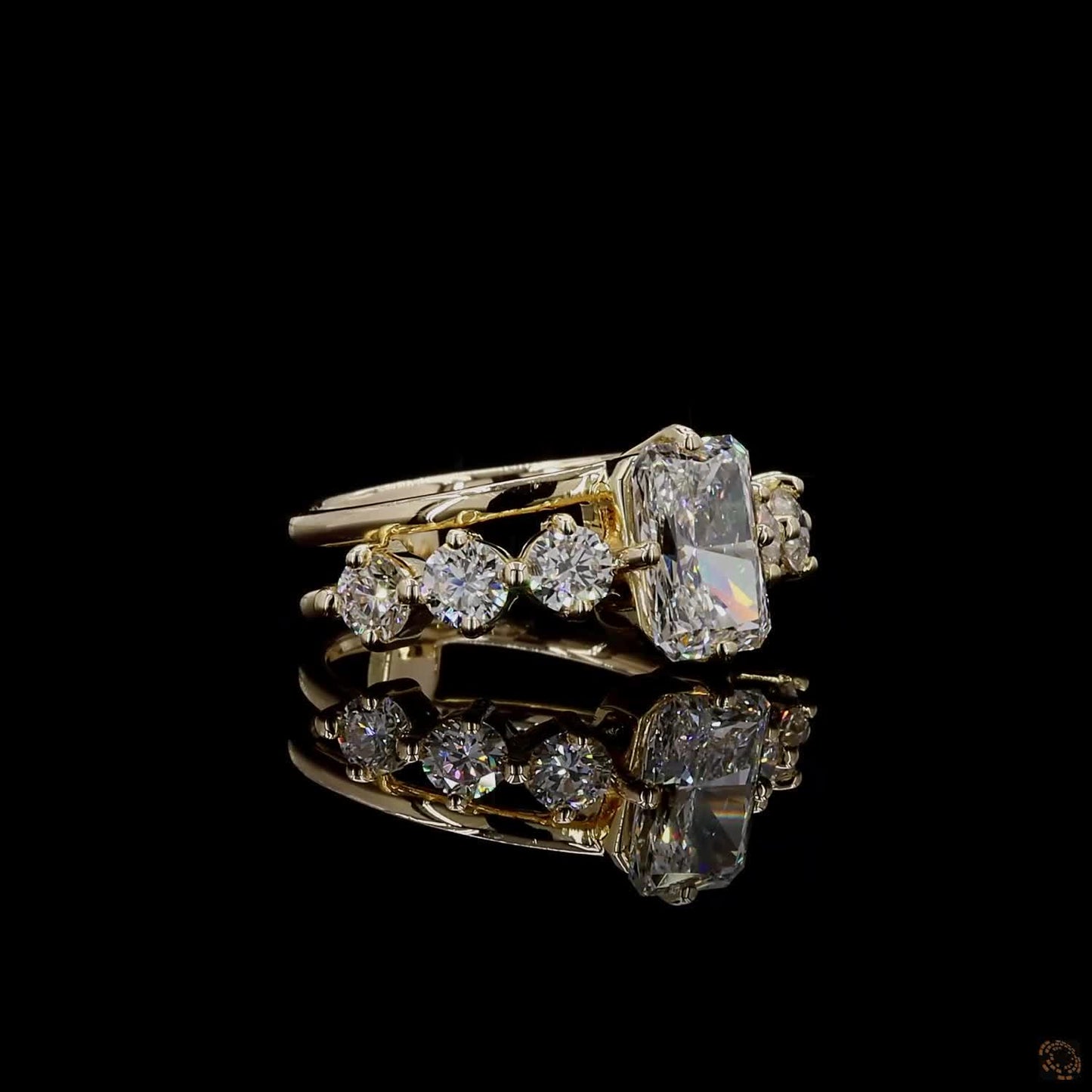 2.04 ct radiant and round lab grown diamond ring yellow gold