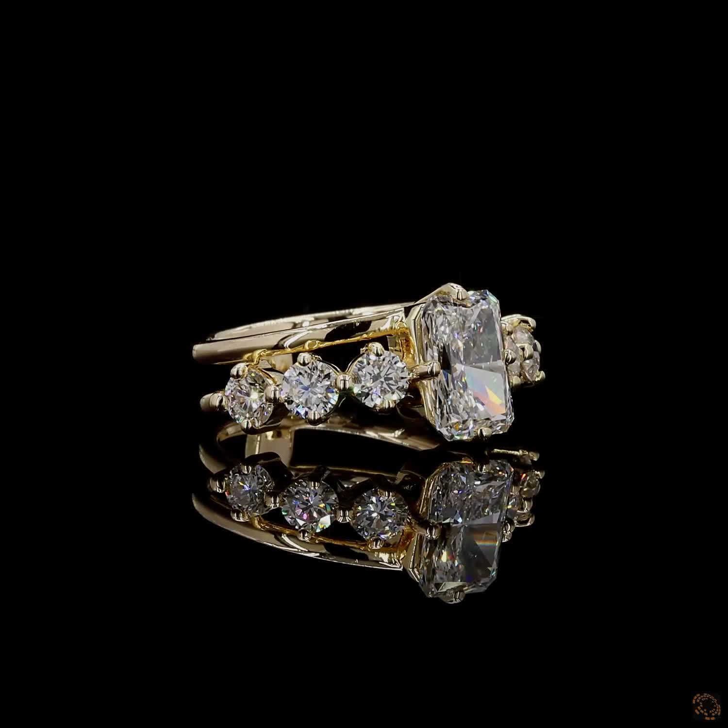 2.04 ct radiant and round lab grown diamond ring yellow gold