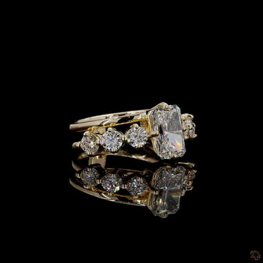 2.04 ct radiant and round lab grown diamond ring yellow gold