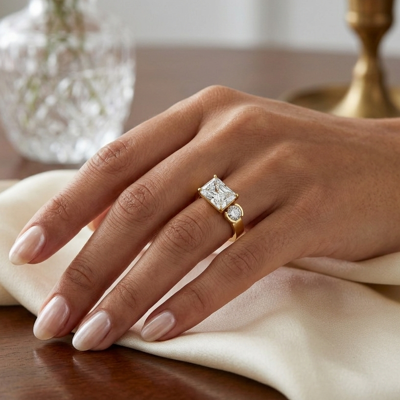 1.75 Ct Emerald & Round Lab-Grown Diamond Two-Stone Ring in