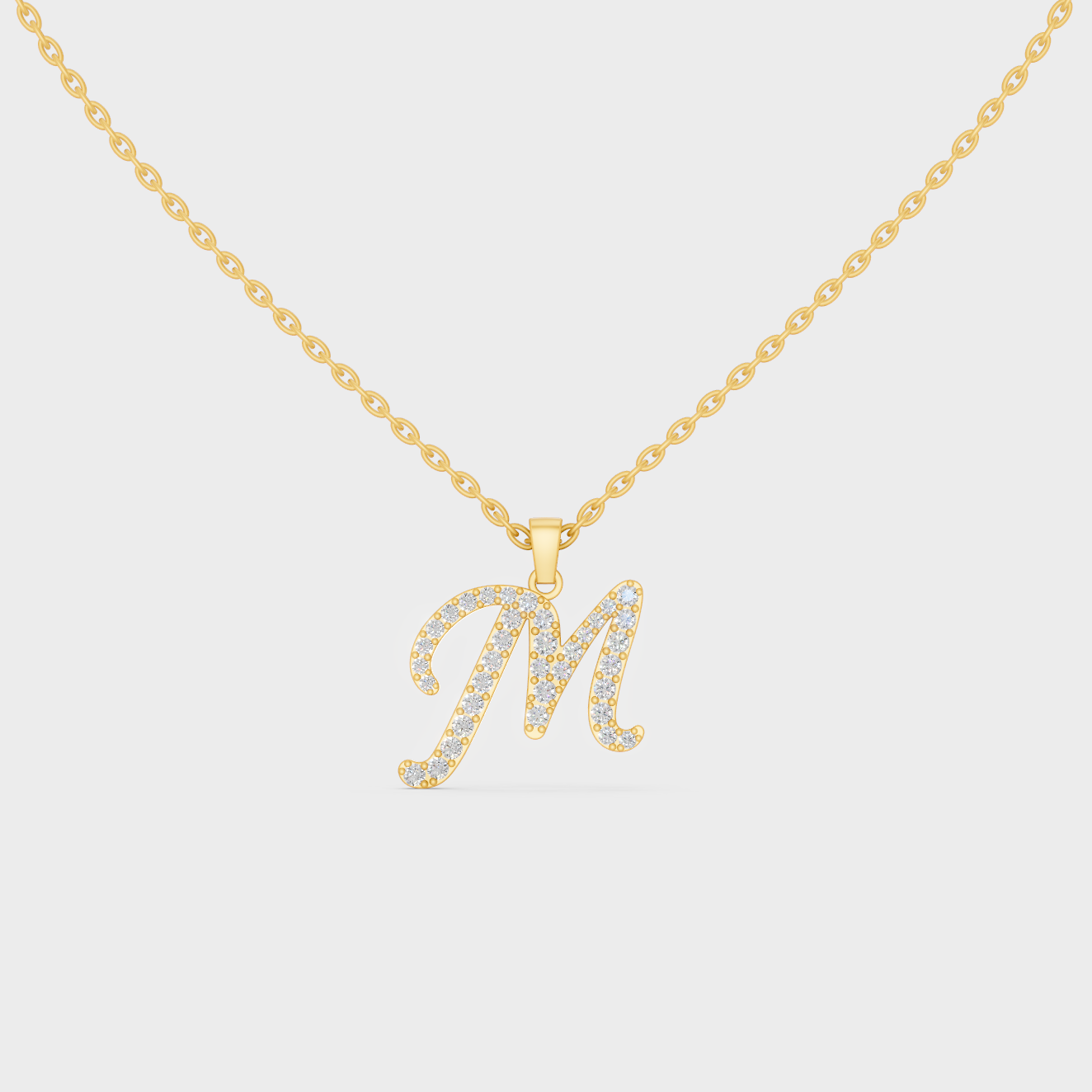 Front View of "M" Alphabet Lab Grown Diamond Pendant with Matching Yellow Gold Chain