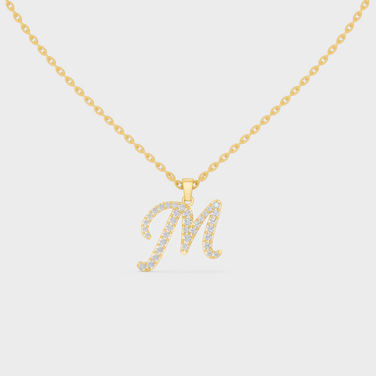 Front View of "M" Alphabet Lab Grown Diamond Pendant with Matching Yellow Gold Chain