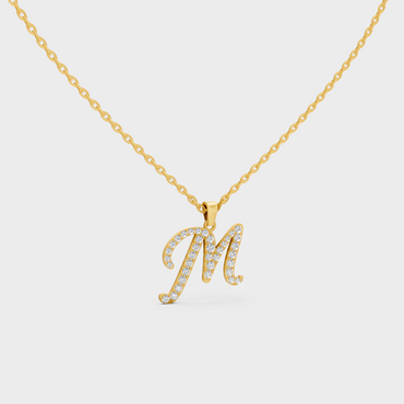 Close Up of Initial Letter M Sustainable Diamond Pendant and 18K Yellow Gold Chain