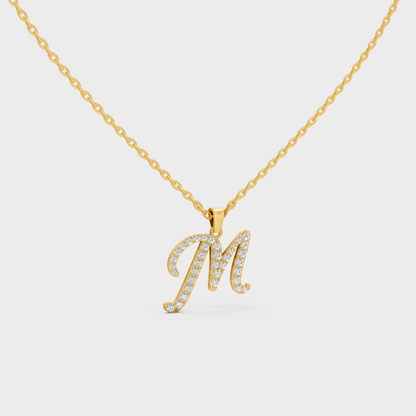 Close Up of Initial Letter M Sustainable Diamond Pendant and 18K Yellow Gold Chain