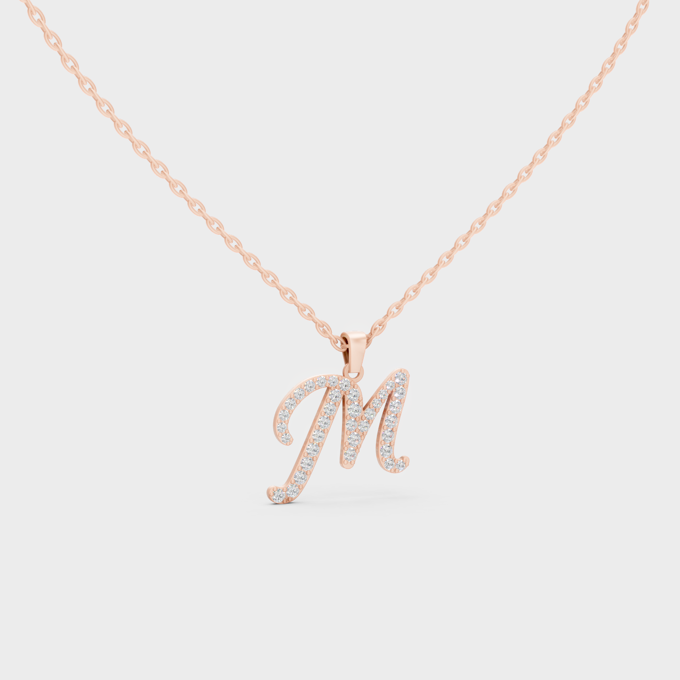 Blush Pink 14K Rose Gold Letter M Initial Necklace Set with Brilliant Round Lab Diamonds