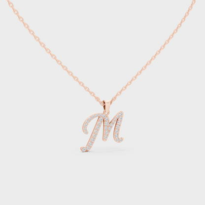 Blush Pink 14K Rose Gold Letter M Initial Necklace Set with Brilliant Round Lab Diamonds