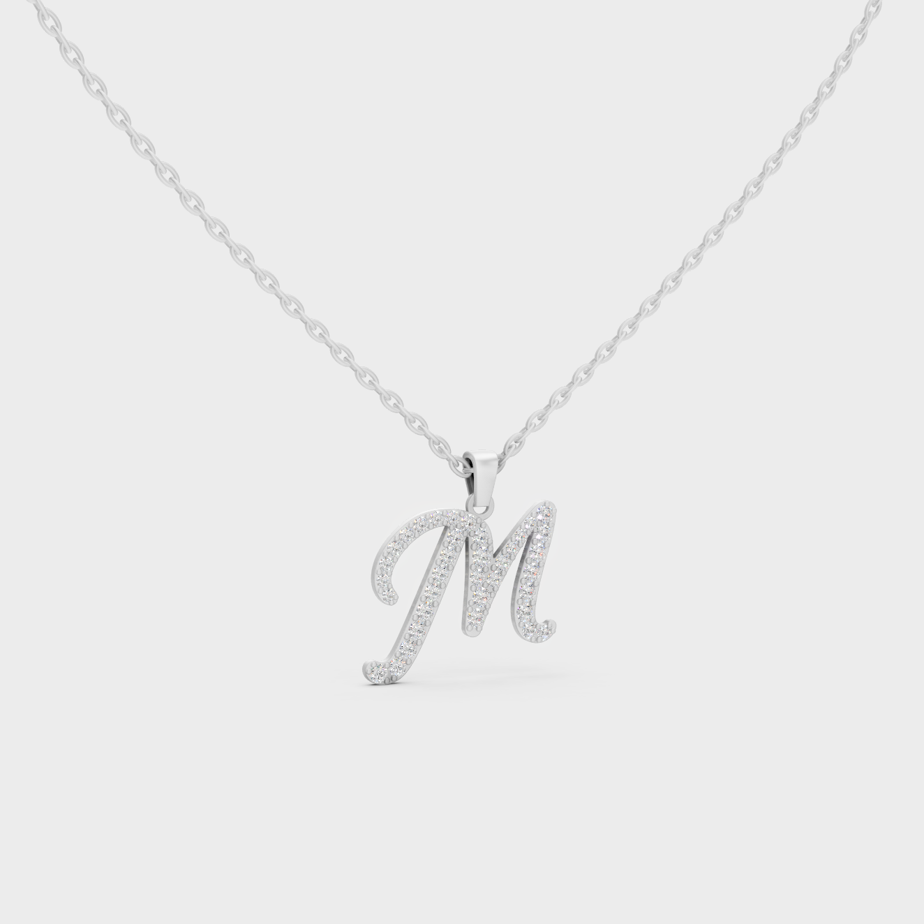 Micro Pave Letter M Initial Necklace Shining with Premium 18K White Gold Chain Set