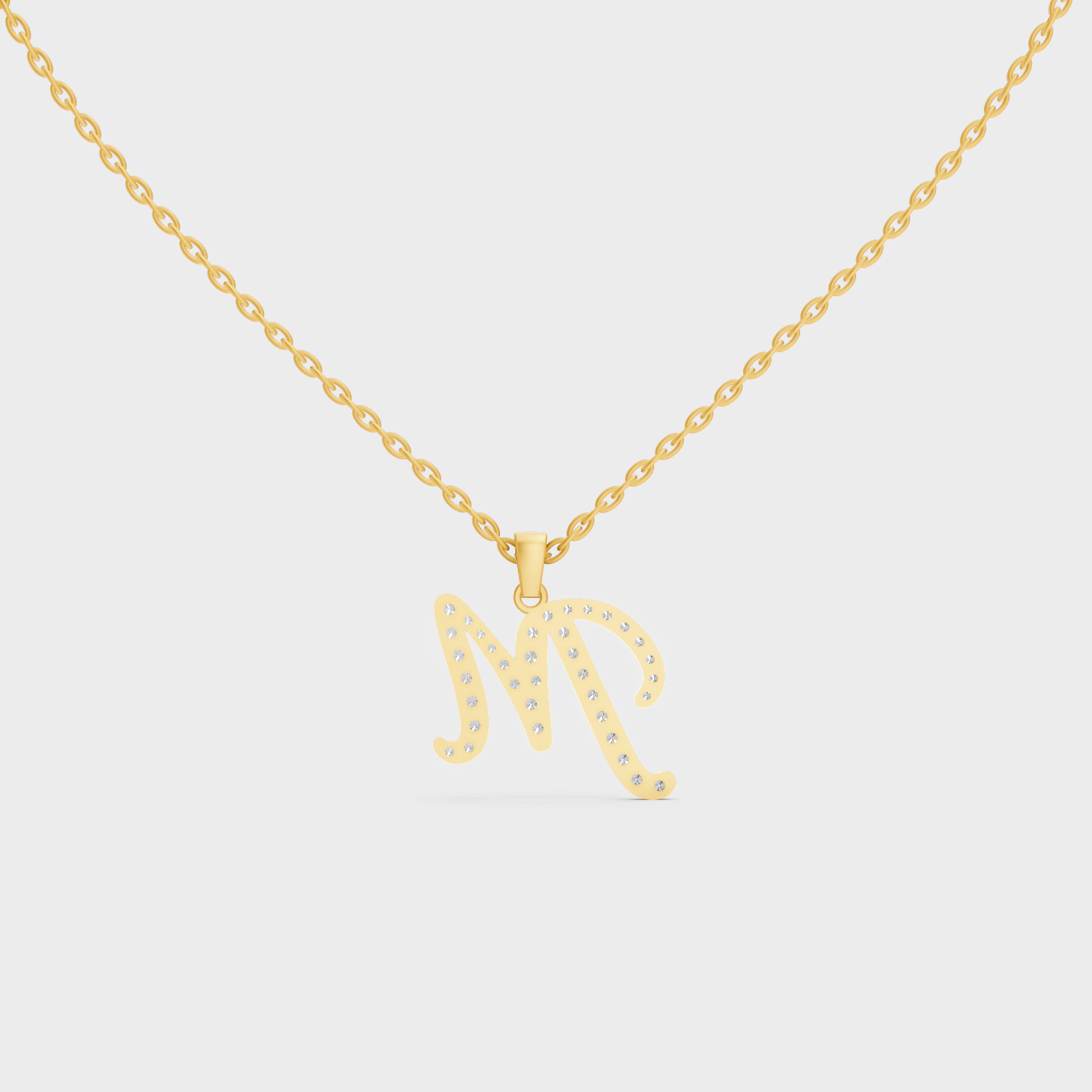 Model Wearing Capital Letter M Lab Created Diamond Necklace in 9K Yellow Gold
