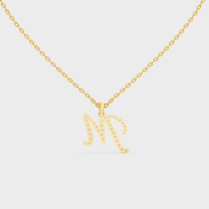 Model Wearing Capital Letter M Lab Created Diamond Necklace in 9K Yellow Gold