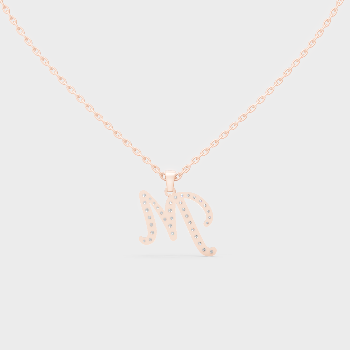 Side Angle of Personalized Alphabet M Lab Diamond Charm on 18K Rose Gold Chain