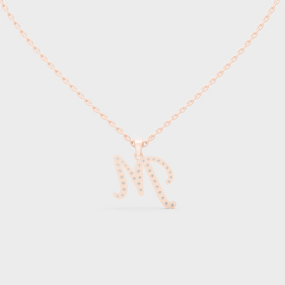 Side Angle of Personalized Alphabet M Lab Diamond Charm on 18K Rose Gold Chain