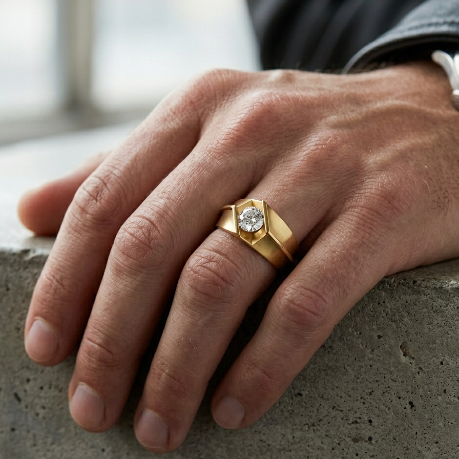 Mens Diamond Ring In 9K Yellow Gold With Round Cut 