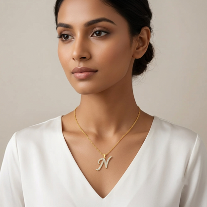 Shop our custom "N" Alphabet Lab Grown Diamond Pendant with Chain. Available in 9K, 14K, 18K Yellow, White, Rose Gold & 950 Platinum. Ethical luxury worldwide.