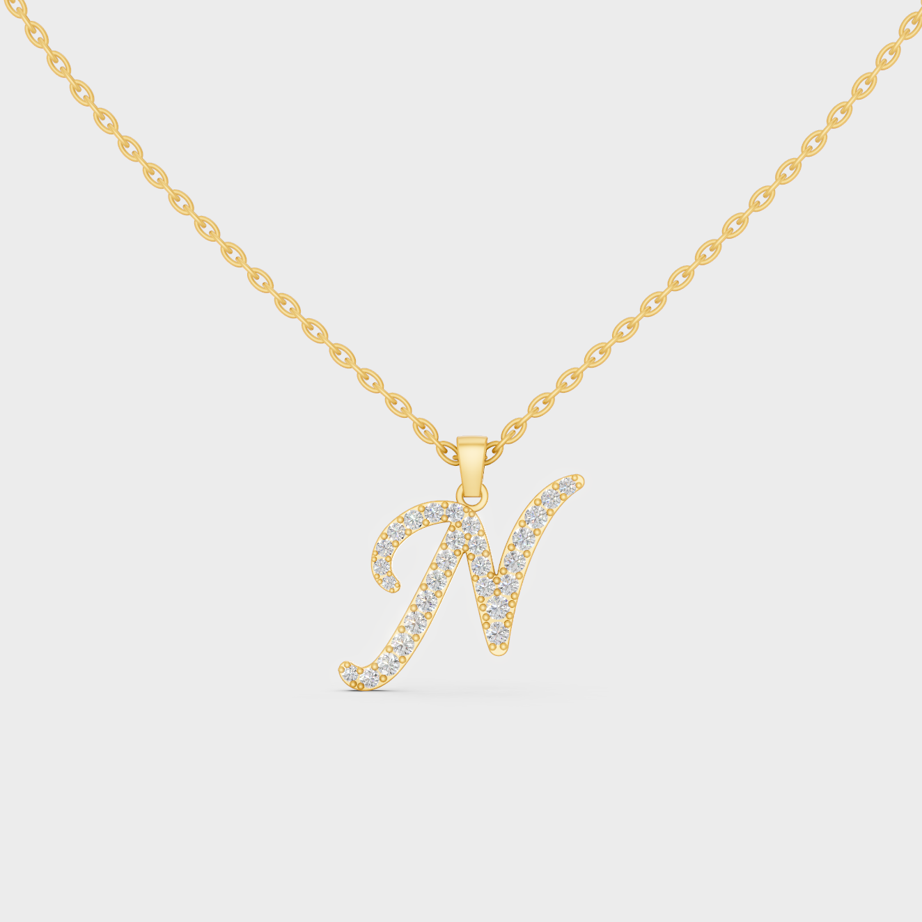 Front View of "N" Alphabet Lab Grown Diamond Pendant with Matching Yellow Gold Chain